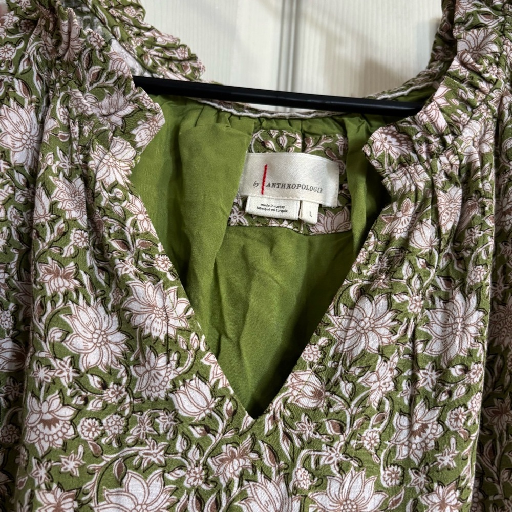 Anthropologie Liberty Robin Ruffle Moss Olive and White Floral Dress - Picture 5 of 9